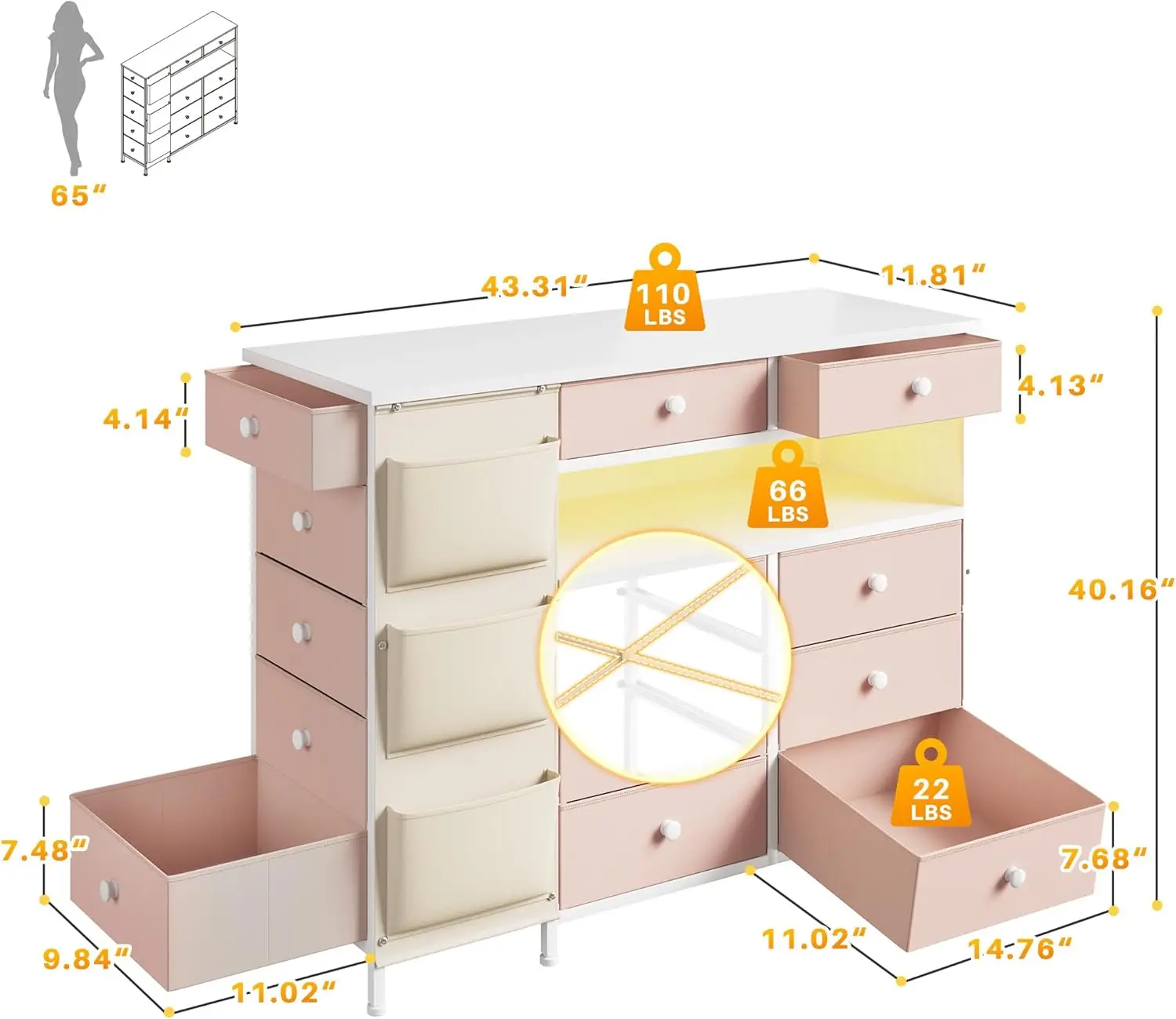 Enhomee13-Commode pour chambre à coucher avec station de recharge, commodes roses à longue proximité