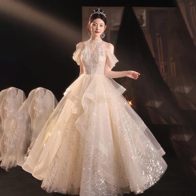 

Новое женское блестящее сетчатое многослойное вечернее платье с круглым вырезом, модное и милое платье для банкетной вечеринки, платье для ежегодного собрания