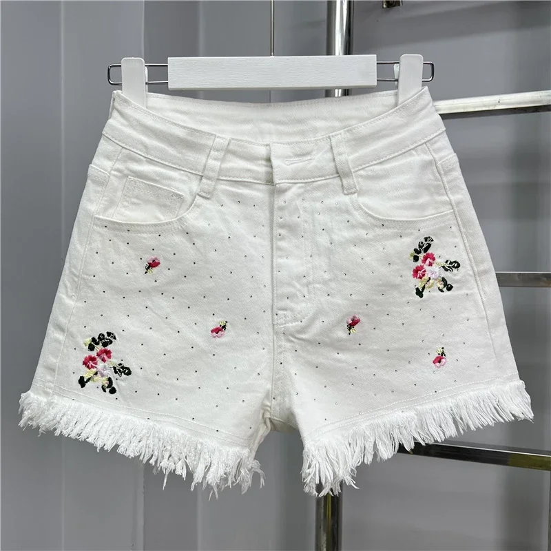 

High Quality Embroidery Hot Drilling Women Denim Shorts All-match Spring Summer Loose A-line Shorts High Waist Tassel White Jean