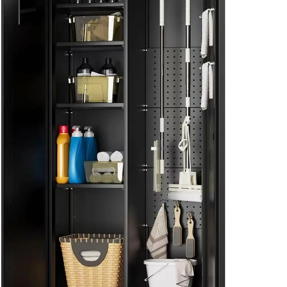 

Металлический шкаф для метлы, шкаф для хранения в гараже, шкаф для ванной комнаты с ящиком для инструментов с запирающимися дверцами и колесами, универсальный шкаф высотой 72 дюйма