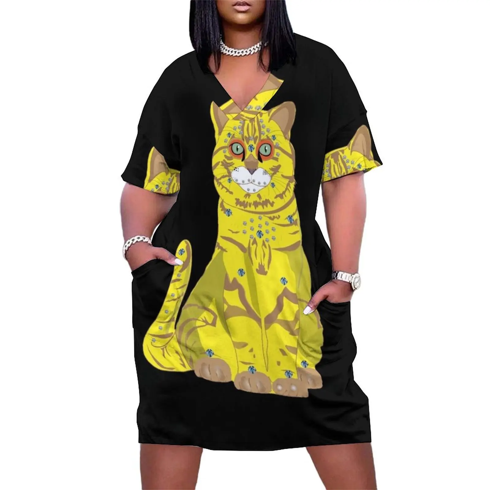 

65 MCMLXV Bejeweled Yellow Disco Cat Print Loose Pocket Dress birthday dress elegant women's sets Bridesmaid dress woman