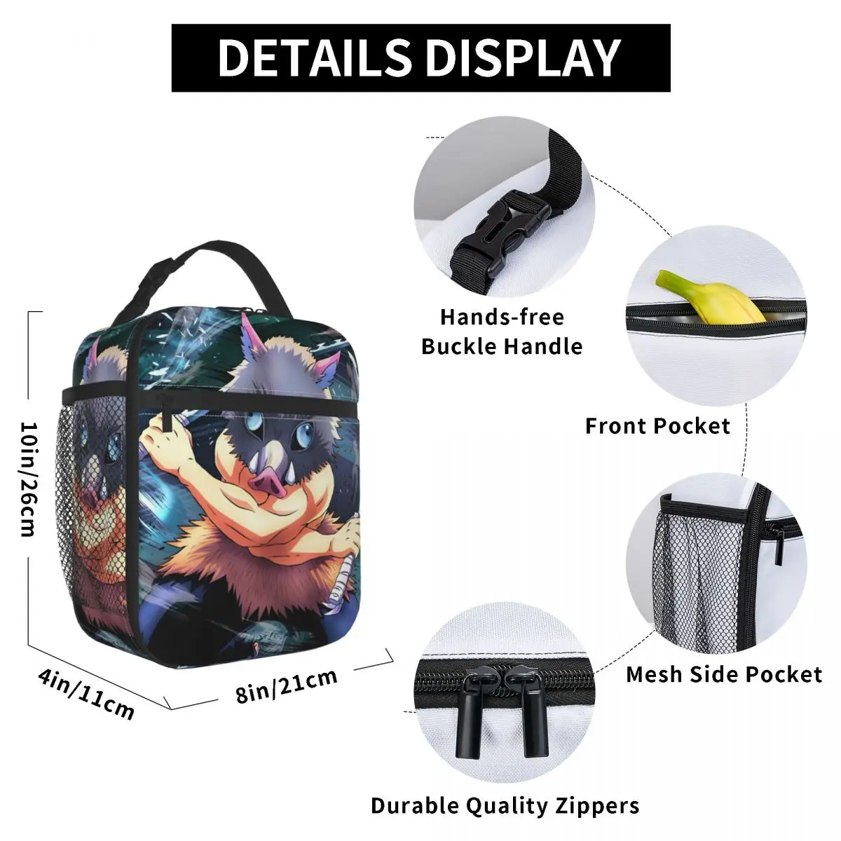 Isolados lancheira térmica, Espada Maniac Inosuke Anime Demon Slayer Leakproof Tote Lunch Box, Recipiente De Refeição, Bento Pouch