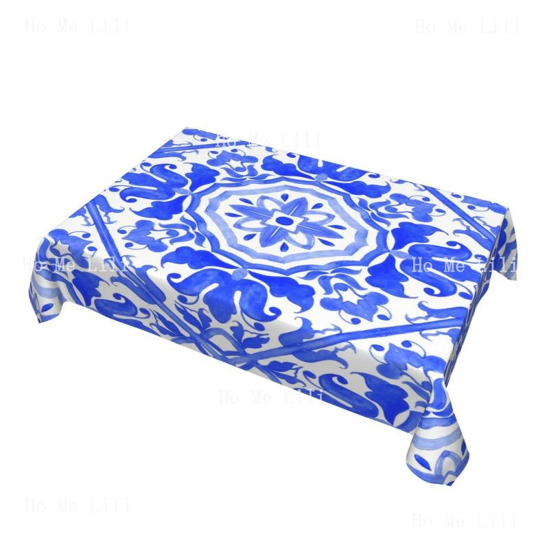 Portuguese Azulejo Tiles Blue And White Gorgeous Pattern Tablecloth For Dining Bbq Picnic Coffee Desktop Decor