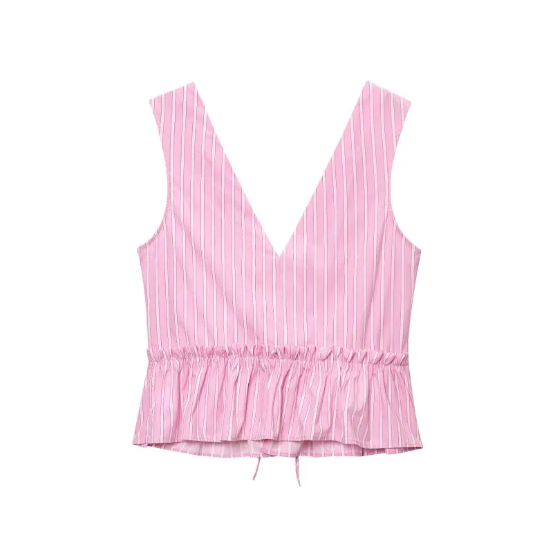 Ensemble 2 pièces pour femmes, débardeur d'été, nœuds, boutons à nouer, volants, hauts froncés, haut rayé rose + short, col en V, costume décontracté doux