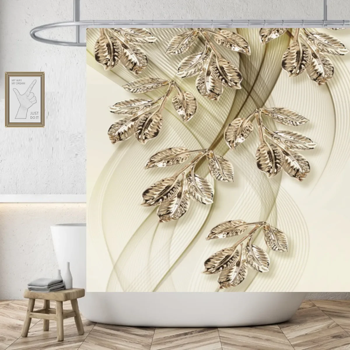 Metal Luxury Leaves Shower Curtain Vintage Wooden Washable Original Bathroom Curtains Colorful Energy Home Decor Douchegordijn