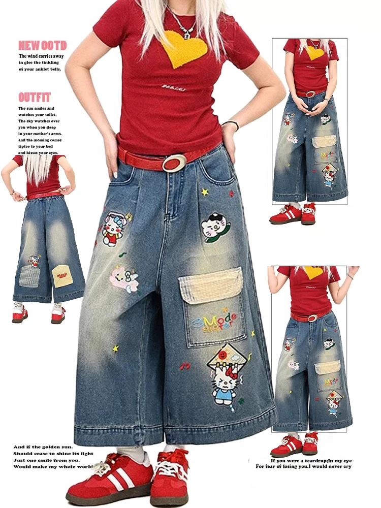 

Retro Cartoon Embroidered Blue Jeans Women's Loose High Waist Straight Leg orts Casual hine Embroidery Wide Leg Pants
