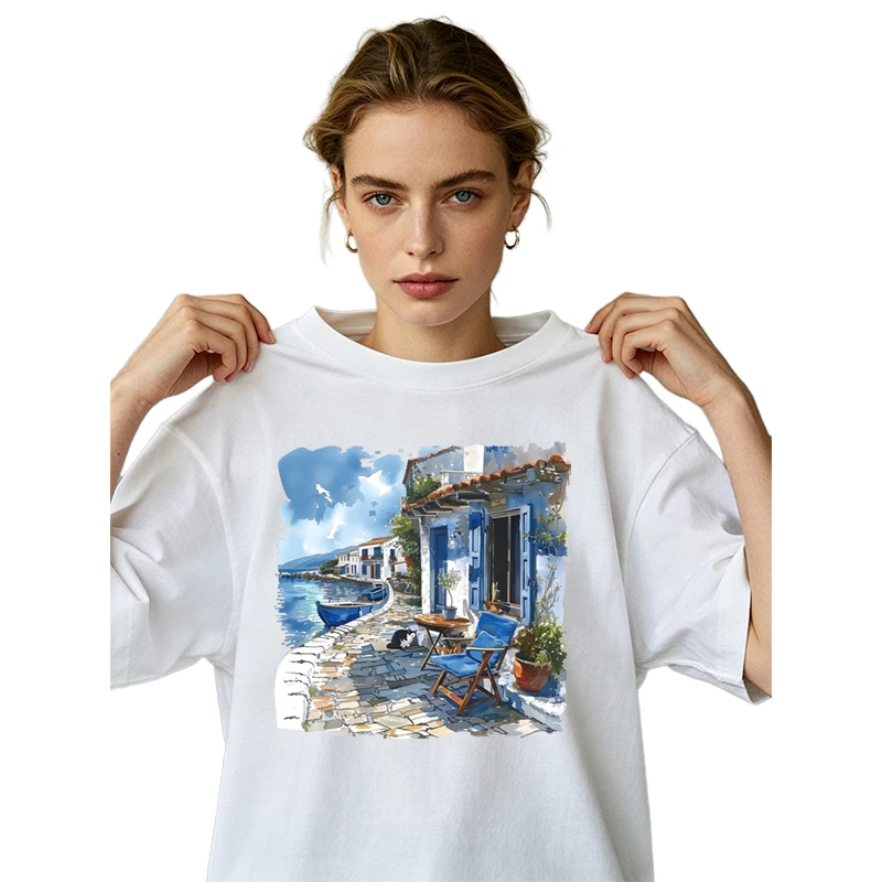 Blue oil painting DTF heat transfer sticker featuring lavender and seaside town suitable for both men and women DIY T-shirt