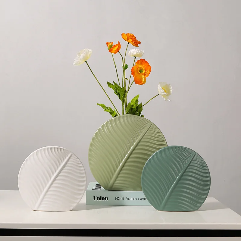 

Nordic Wind Ceramic Vase Creative Flat Leaves Living Room Tv Cabinet Office Desktop Art Decoration