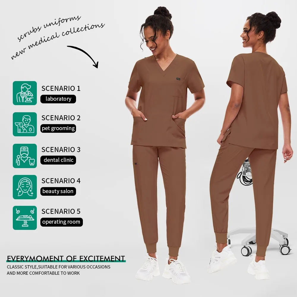 Damska odzież robocza Salon kosmetyczny Spa Ubrania Kombinezony chirurgiczne Strój dla groomerów Zwierząt Instytucja Uniform Zestaw do pielęgnacji Top z dekoltem w serek Spodnie dresowe Uniform