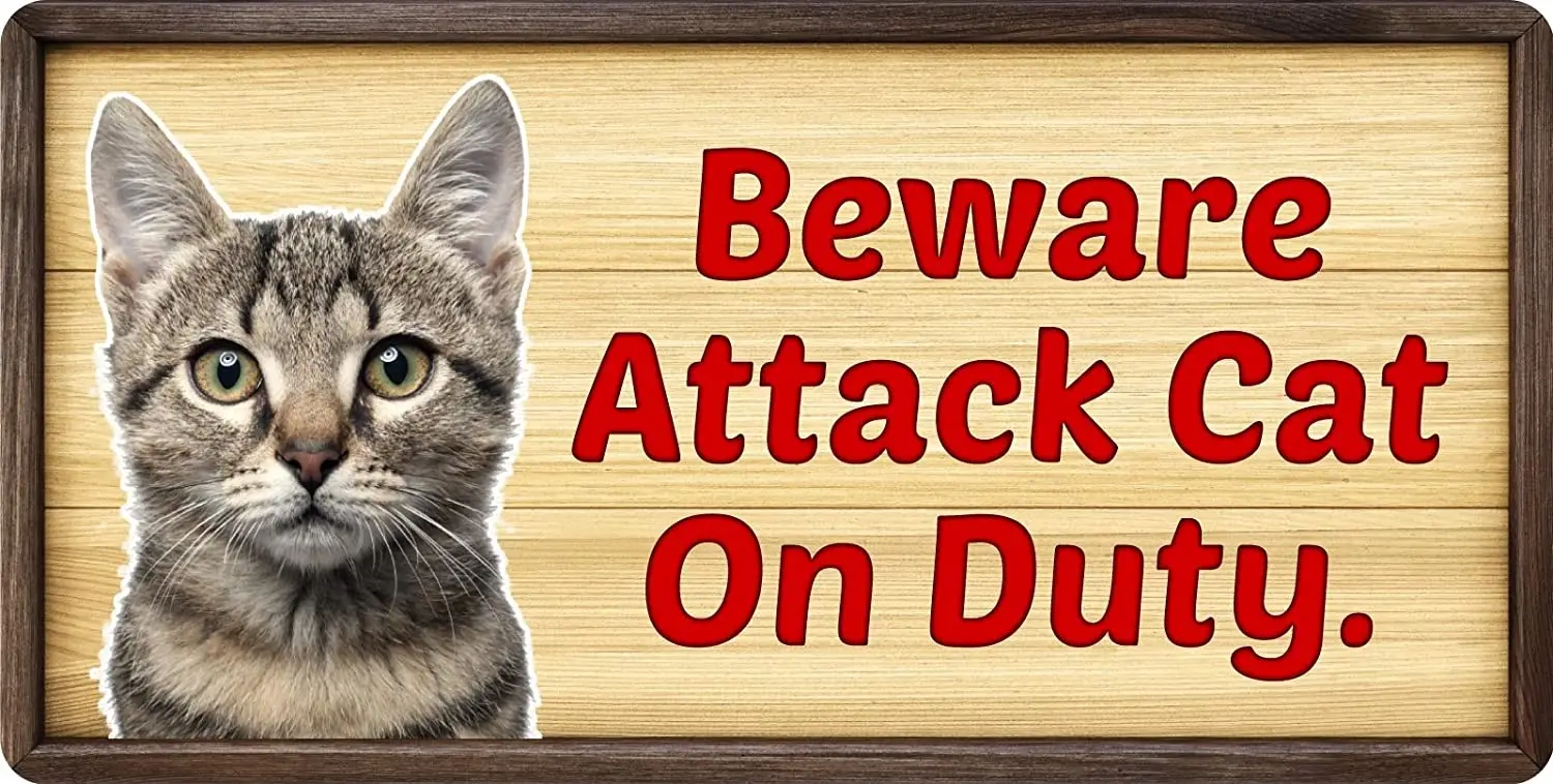 StickerPirate 148HS Beware Attack Cat On Duty  Aluminum Hanging Novelty Sign