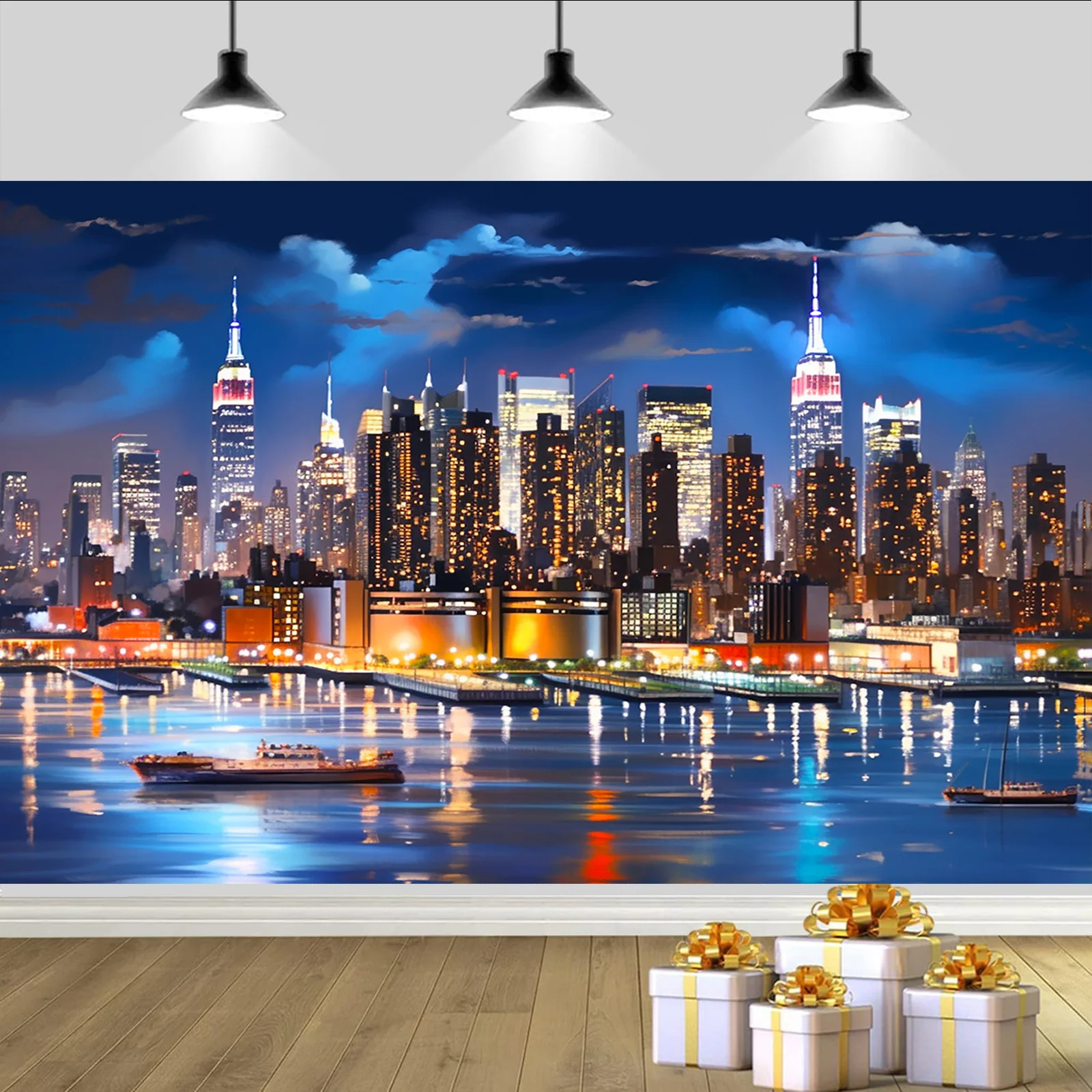 New York City Skyline-Nachtansicht-Hintergrund – Hochzeits- und Geburtstags-Multifunktions-Polyester-Hintergrund – Geburtstagsdekoration