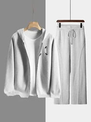 Aliselect Men 100% Cashmere Zipper Suit Hoodie Sweater Cardigan and Straight Pants Autumn Winter Grace Casual Cashmere Knitwears