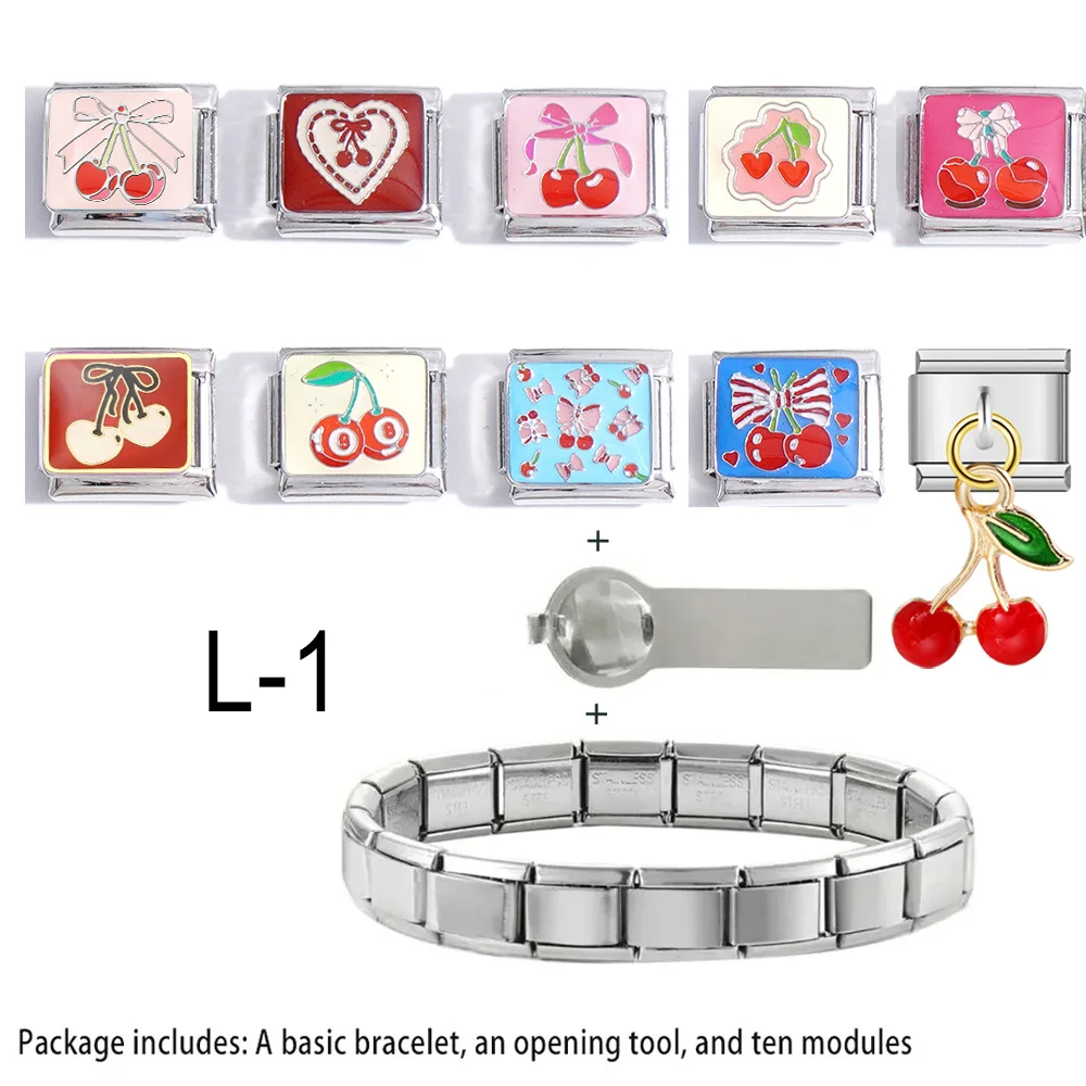 

For Girls Woman Gift Cherry series Italian Charm Link Fit 9mm Stainless Steel Bracelet Pack DIY Making Jewelry 12pcs of Set