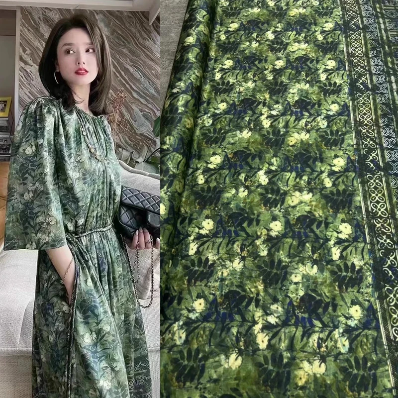 

European American Fashion New Green Printed Dress Mulberry Silk Fabric Light Luxury High Set Designer Fabric Sewing Div Handmade