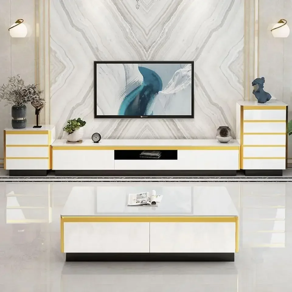 

-Modern luxury elegant black gold tv display stand white tv console stands and coffee table set living room latest design simple