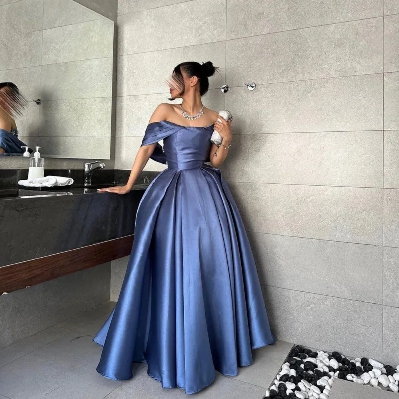 

AsaNagi Elegant Blue Satin Prom Dress Women Off Shoulder Beaded Party Evening Dresses A-Line Floor Length Formal Occasion Gowns