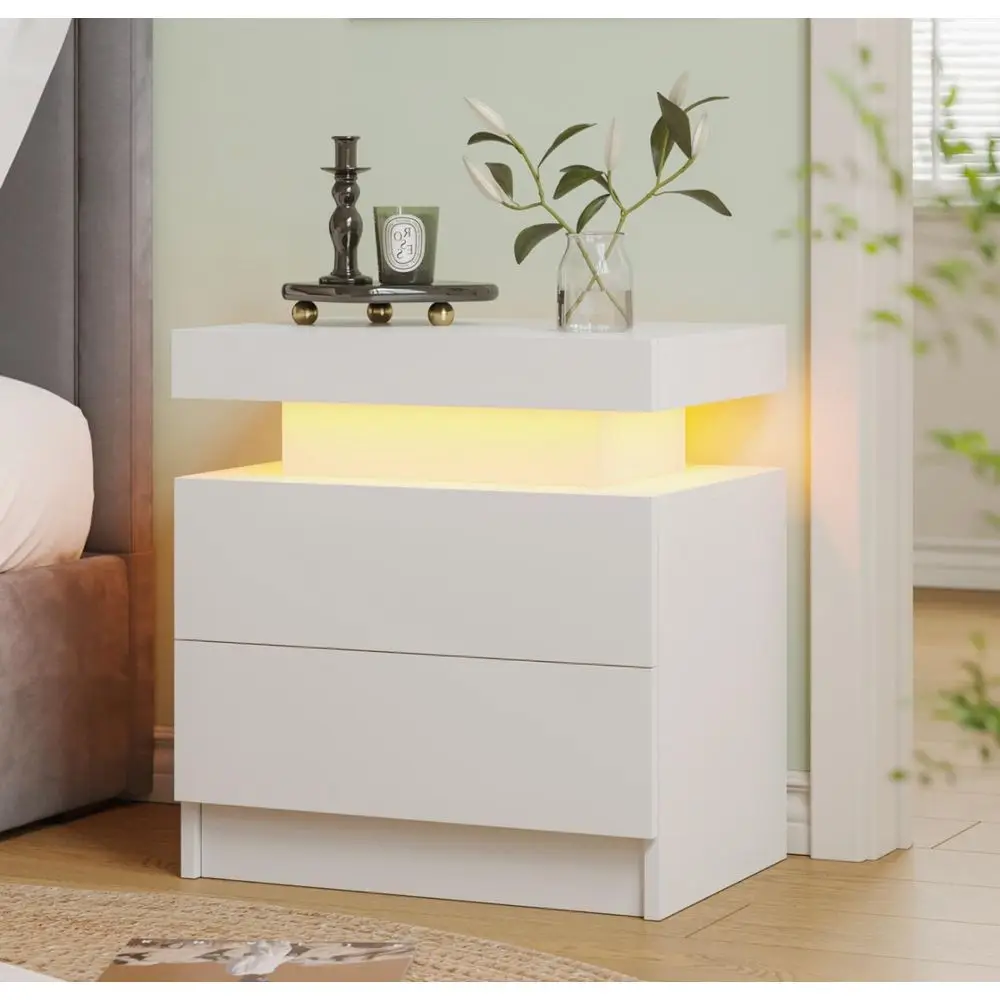 

LED Nightstand Modern Night Stand for Bedroom Bedside Table with 2 Wood Drawers End Side Table