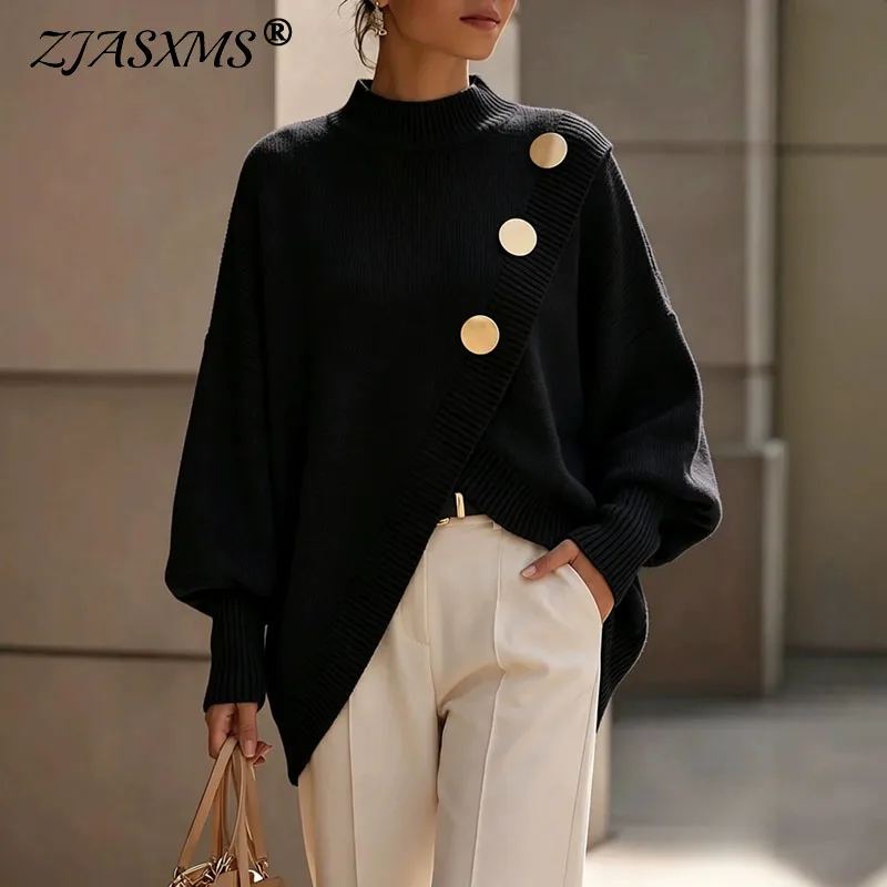 Elegant Knit Pullover Ladies High Mock Neck Puff Balloon Sleeves Diagonal Buttons Irregular Hem Sweater Autumn Winter Casual Top