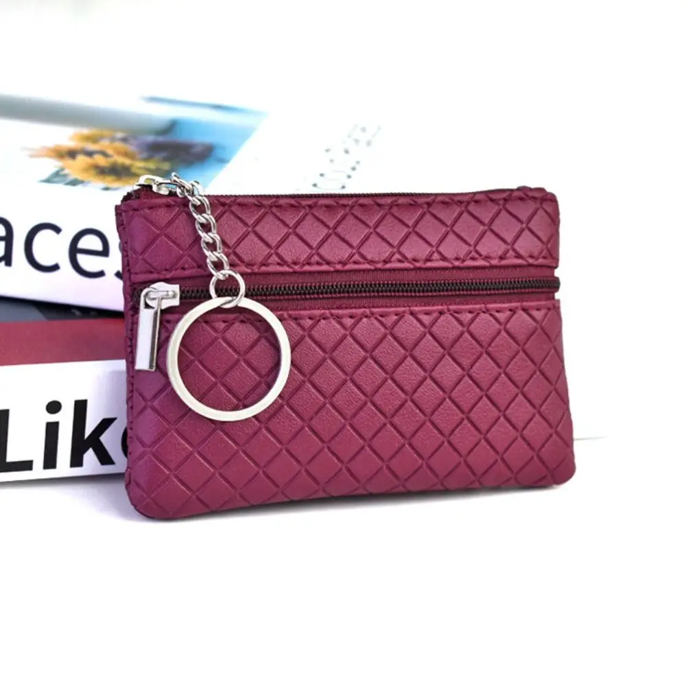 Vintage PU Leather Women Wallet Solid Color Plaid Card Cash Holder Key Earphone Storage Coin Purse