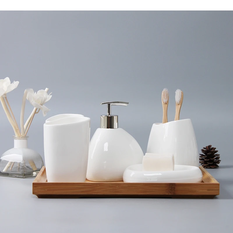 White Ceramic Bathroom Supplies Lotion Bottle Cotton Swab Box Toothbrush Holder 4 Piece Set Home Kit