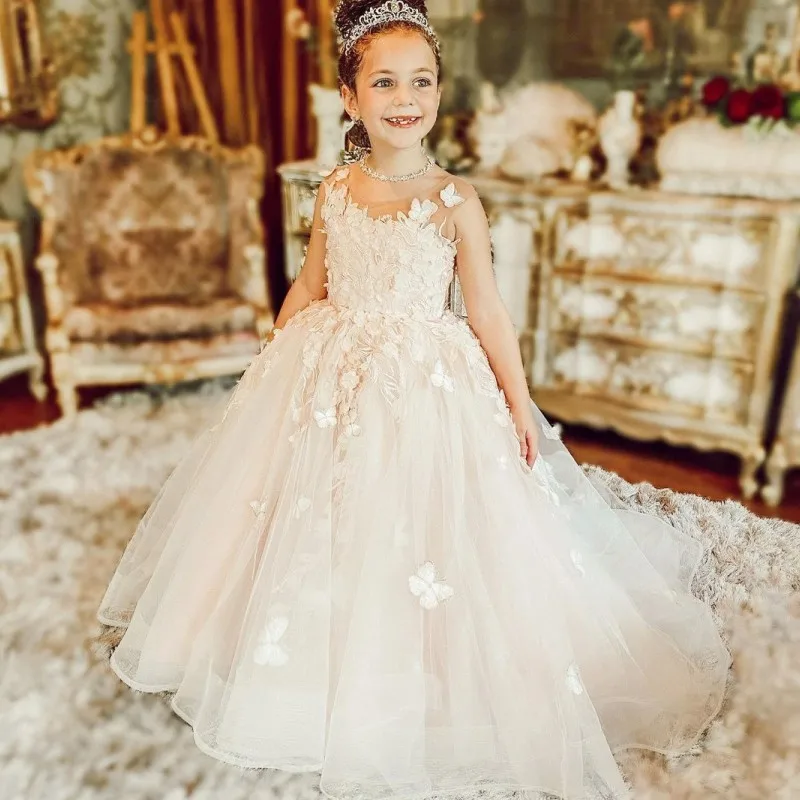 Pink Flower Girl Dresses Floral Tulle Luxury With 3D Butterfly Sleeveless For Wedding Birthday Party Princess Gowns