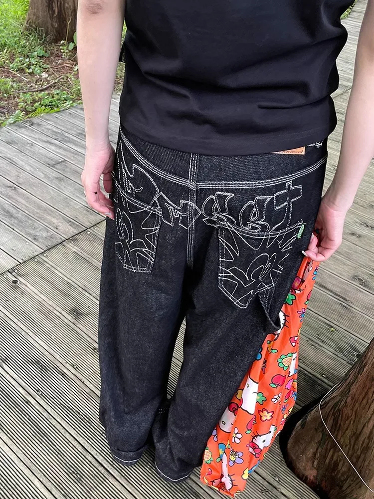 Y2k bordado preto perna larga jeans feminino americano retro casual solto calças jeans streetwear nova cintura alta calças largas