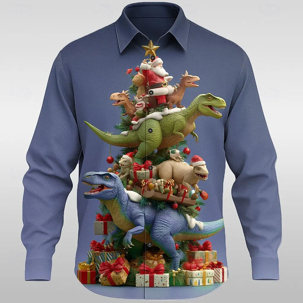 Men's Christmas Dinosaur Graphic Shirts 3D Print Creative Pattern Long Sleeve Lapel Shirt Fashion Casual Breathable Male Clothes