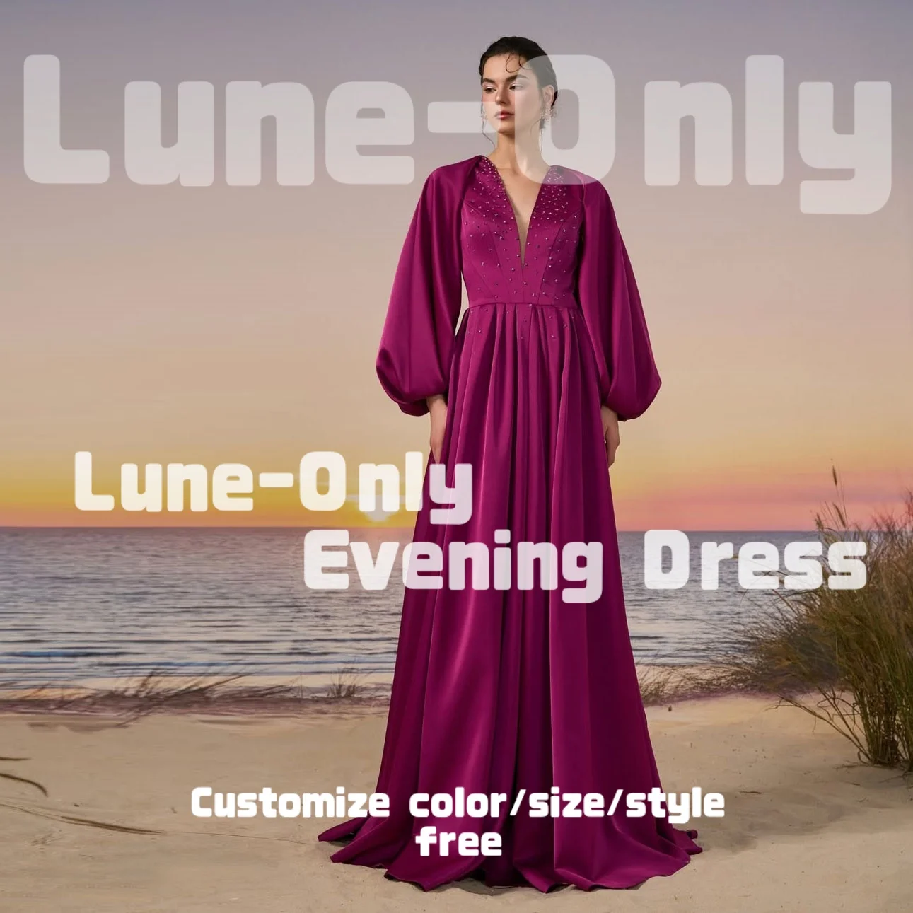 

Customized Puff Long Sleeves Women Fuchsia Satin Evening Dresses Beaded Draped V-Neck Elegant Party Gown Prom Formal Dress