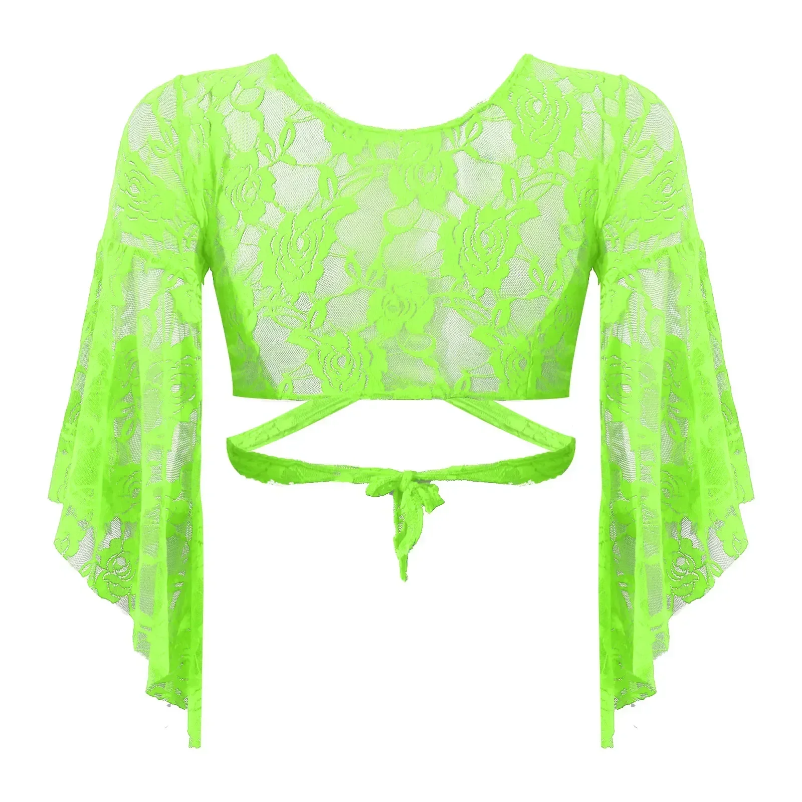 Damskie Przezroczyste Koronkowe Narzutki Strój do Tańca Brzucha Damski Top do Tańca Brzucha Rękaw 3/4 Rozszerzany Kardigan Sznurowany Otulający Crop Top