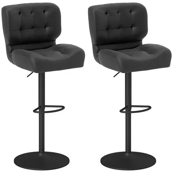 HOMCOM Adjustable Bar Height Stools Set of 2, Thick Padded Cushion & Metal Footrest for Home Bar, Black