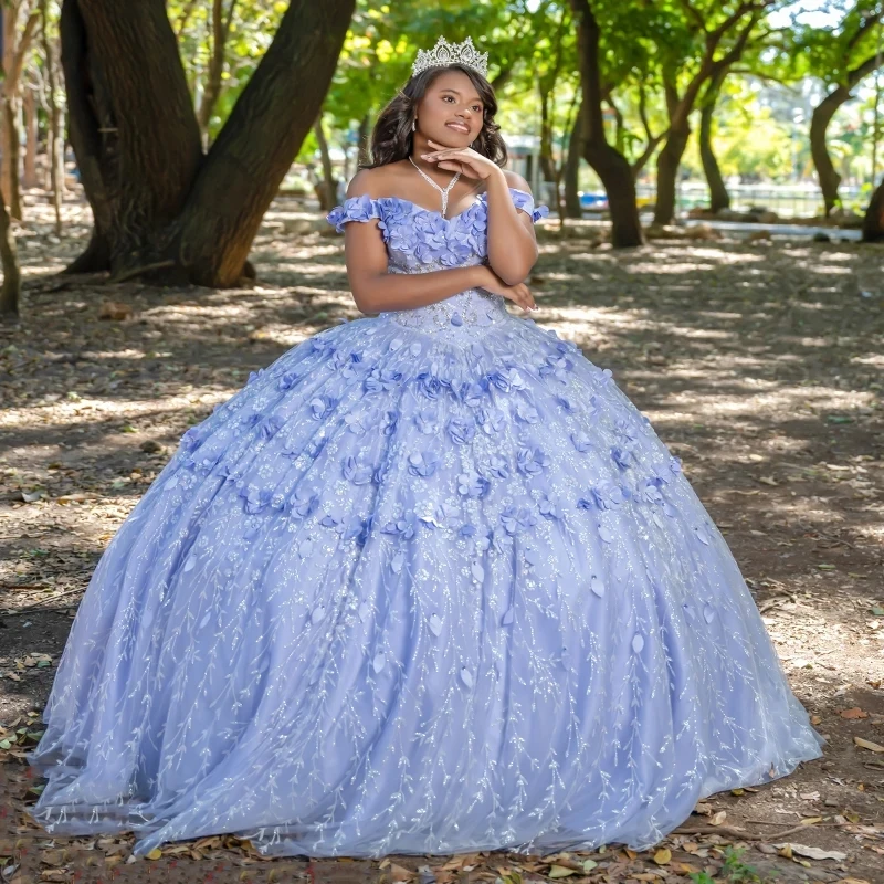 

Sky Blue Quinceanera Dress Sparkling 3D Floral Flowers Lace Beads Tull Princess Ball Gown Sweet 15Vestidos De XV Años Party Gown