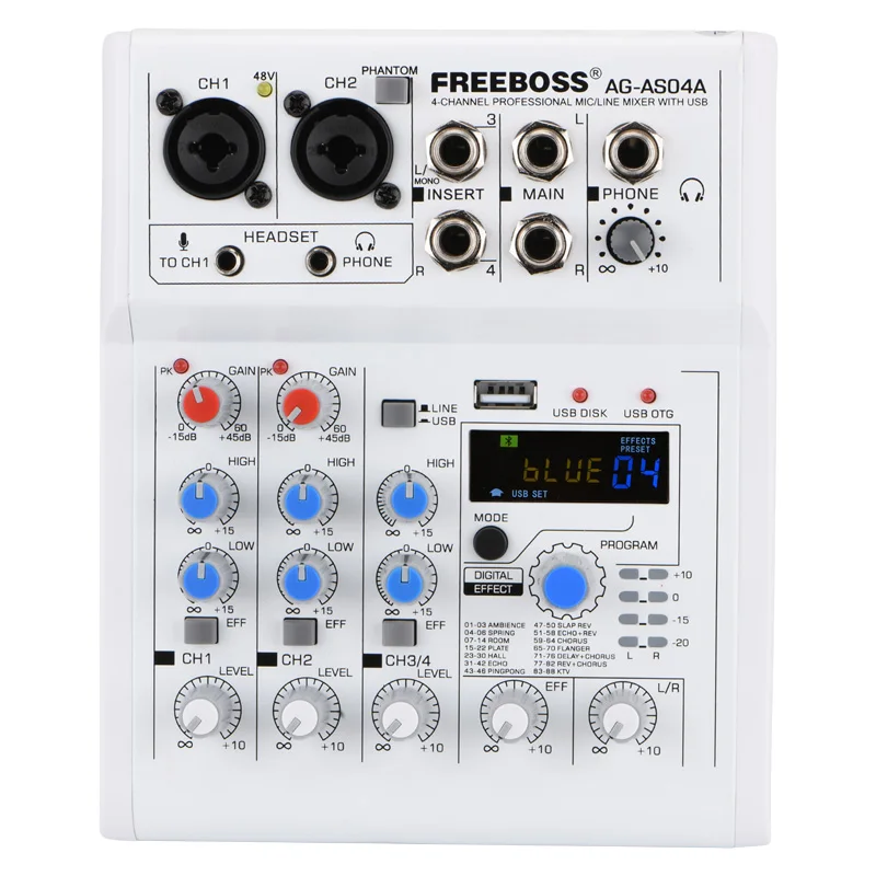 4 ช่องเครื่องผสมเสียง 88 DSP Effect USB PC Record Play แบบพกพา Dj คอนโซลผสมบลูทูธสําหรับ House Party คาราโอเกะ AG-AS04A