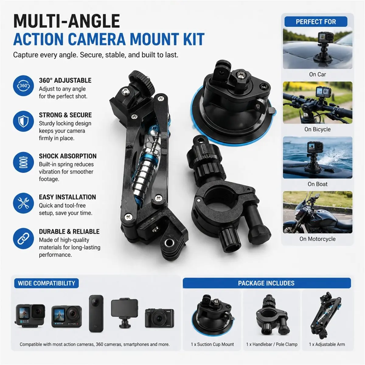 Z- for Action Camera Anti Vibration Mount 360-Degree Rotating Metal Bike Lock for