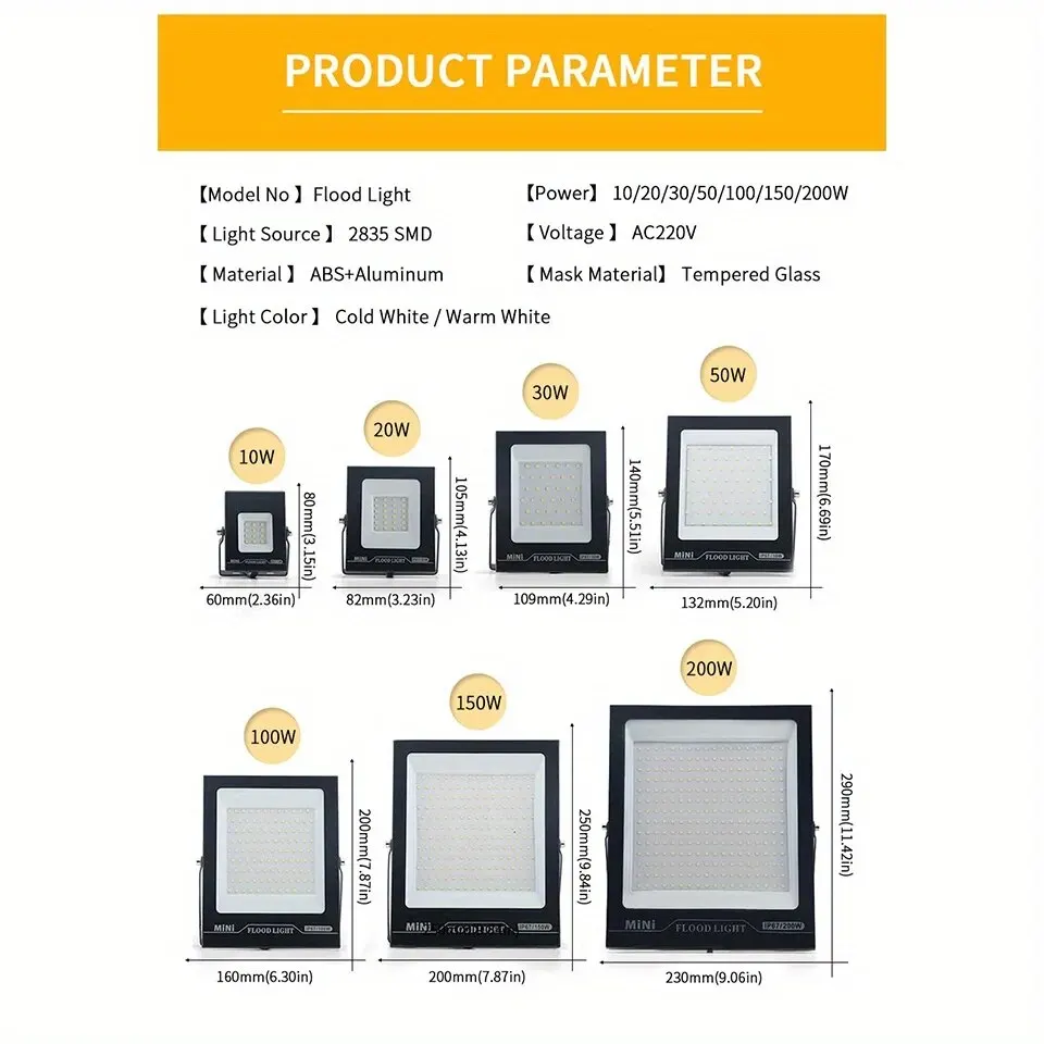 방수 IP67 LED 투광 조명, 정원 프로젝터, 야외 조명 스포트라이트, 벽 투광 조명, 10W, 20W, 30W, 50W, 100W, 150W, AC 220V