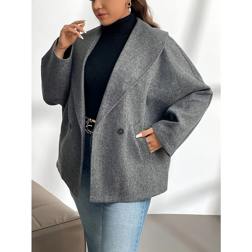 2025 Plus Size Solid Wool Blend Winter Coat: Elegant Double Pocket Overcoat with Warm Timeless Design for Women's Office Commute