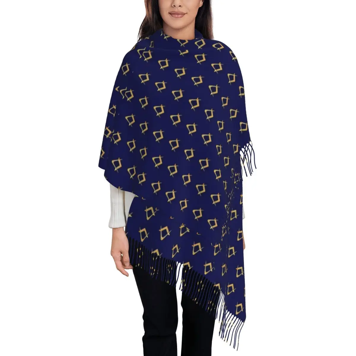 Women's Tassel Scarf Freemason Pattern Gold Blue Square & Compass Masonic Large Winter Fall Shawl Wrap Daily Wear Cashmere Scarf