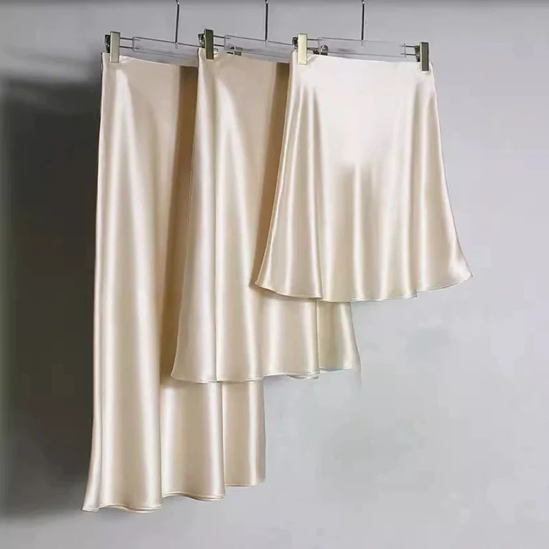 High Quality Triacetate A-line Skirt for Women 2025 Spring Summer High Waist Long Satin Skirts Elegant Ladies Luxury Midi Skirts