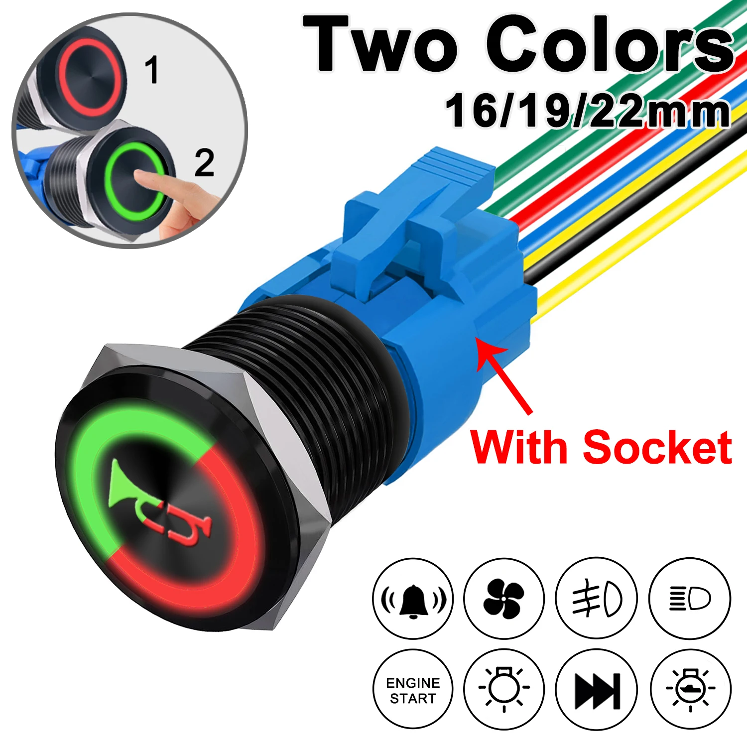 16/19/22mm Customized Bicolor Metal Push Button Switch with Socket 12V Car Boat Waterproof 7 Pin Self-Reset Self-Locking