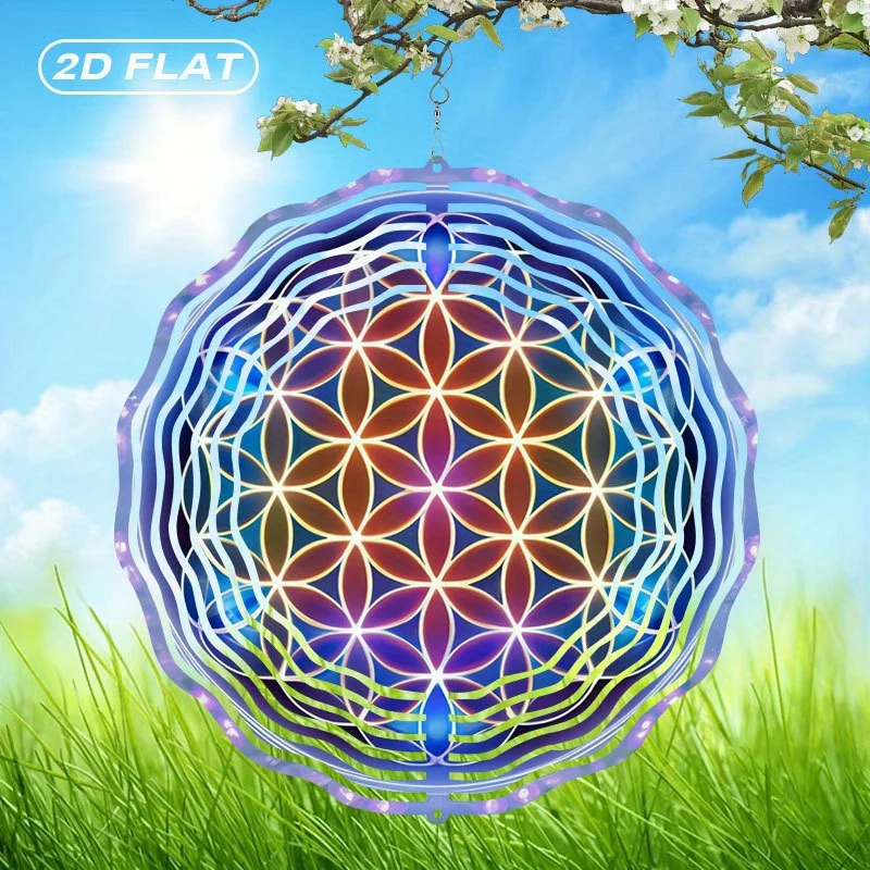 2D Flat 1pc Metal Flower of Life Wind Spinner Suncatcher Stained Glass Wind Chime  Indoor Outdoor Garden Decor for Yard