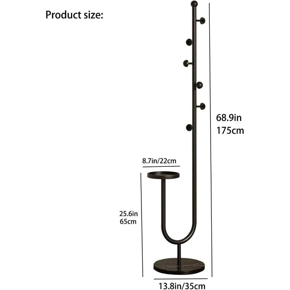 رف معطف معدني قائم بذاته مع 6 خطافات وقاعدة رخامية وصينية تخزين وطول 68.9 بوصة للاستخدام في الردهة