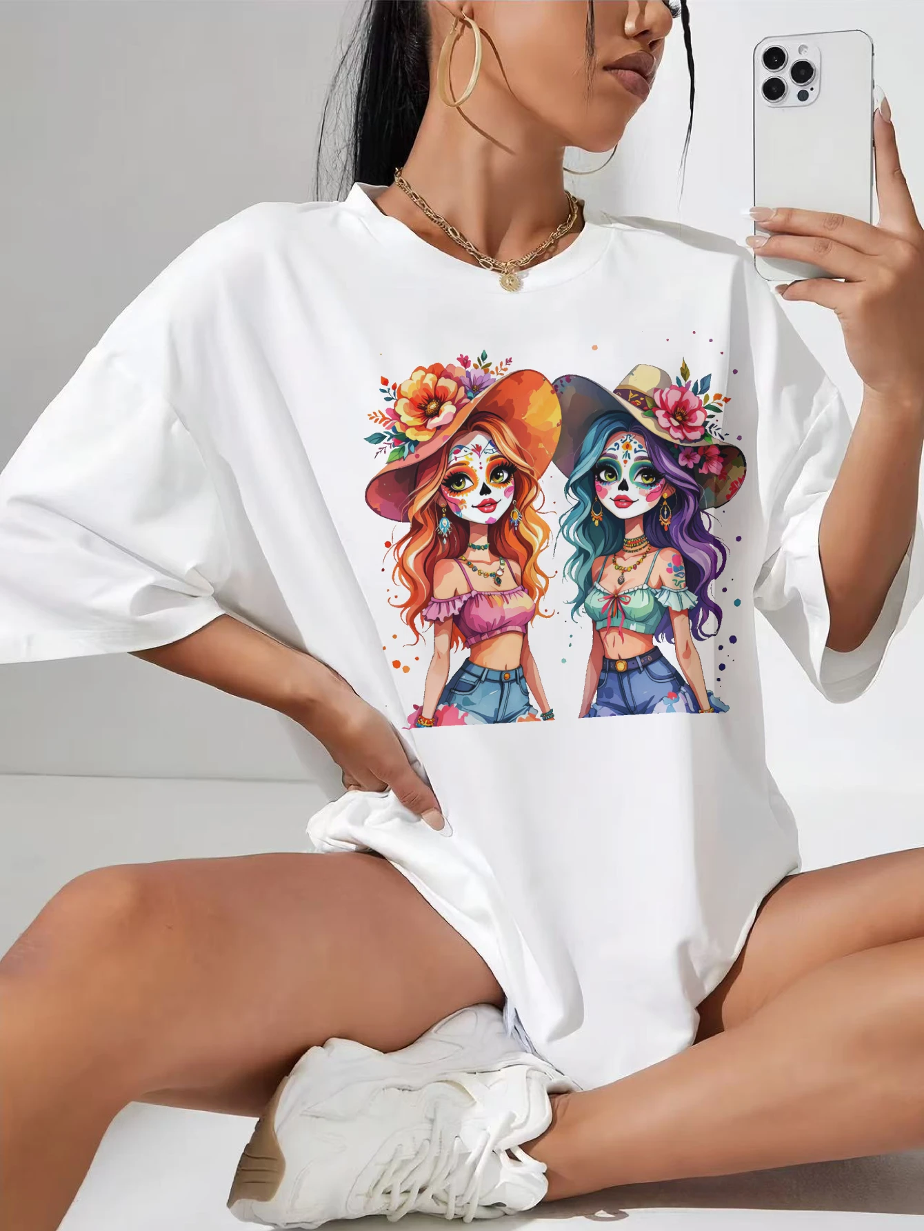 

Colorful-Sugar-Skull-Beach-Girl Lightweight white maternity T-shirt loose fit round neck stretch for growing bump