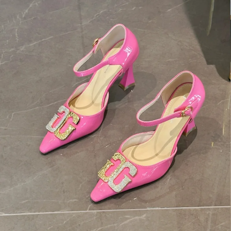 2024 Summer New Luxury Metal Buckle Patent Leather Pointed Super High Heels Fashion Party Chunky Sexy Women's Shoes