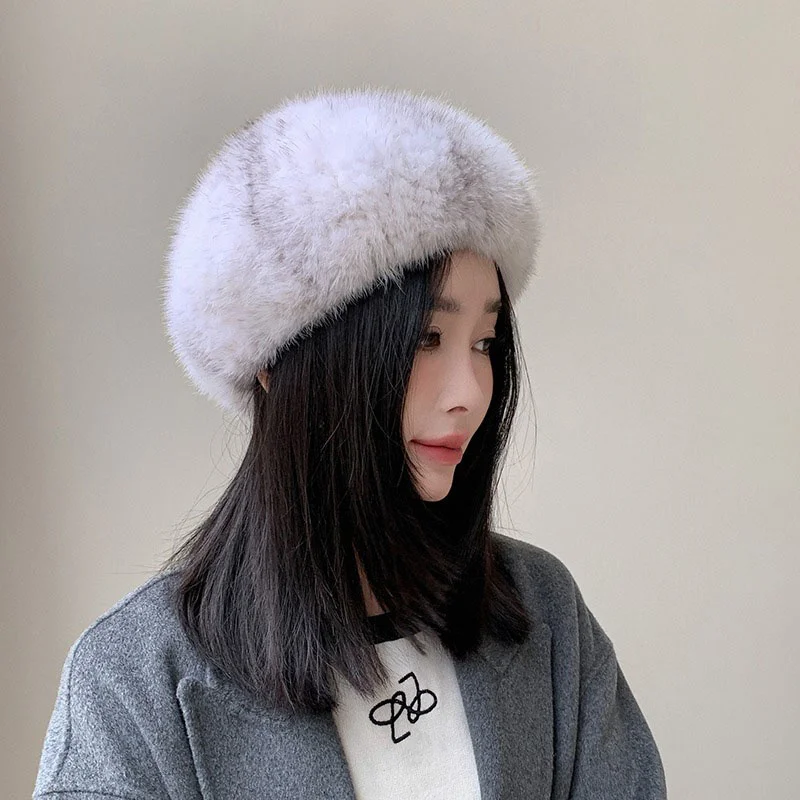 Women's Beret Winter Thickened Real Mink Hair Thermal Fur Straw Hat Fashion Casual Fluffy Plush Elegant Banquet Hat New Style