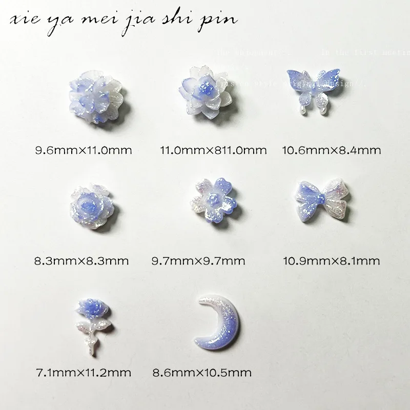 Accesorios para uñas serie Azul, accesorios elegantes para uñas, brillo nocturno, flor, luna, mariposa, dijes para uñas, joyería mixta, decoración de uñas, 50 piezas