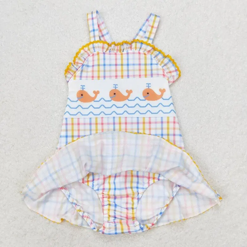 

3.1 yan New rts infant summer girls beach set wholesale boutique whale print blue and yellow plaid one-piece girls swimsuit