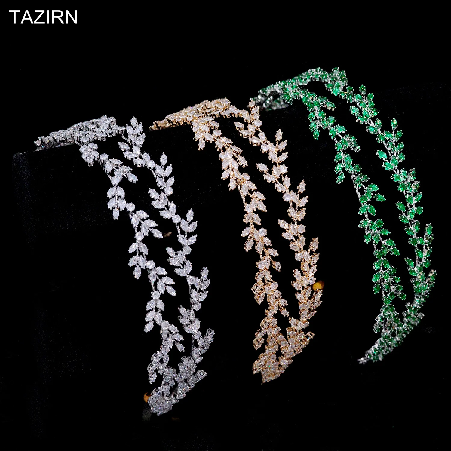 New CZ Wedding Bride Headband Princess Bridal Zirconia Crown Headwear Prom Party Headpieces Double Layer Leaves Hair Accessories