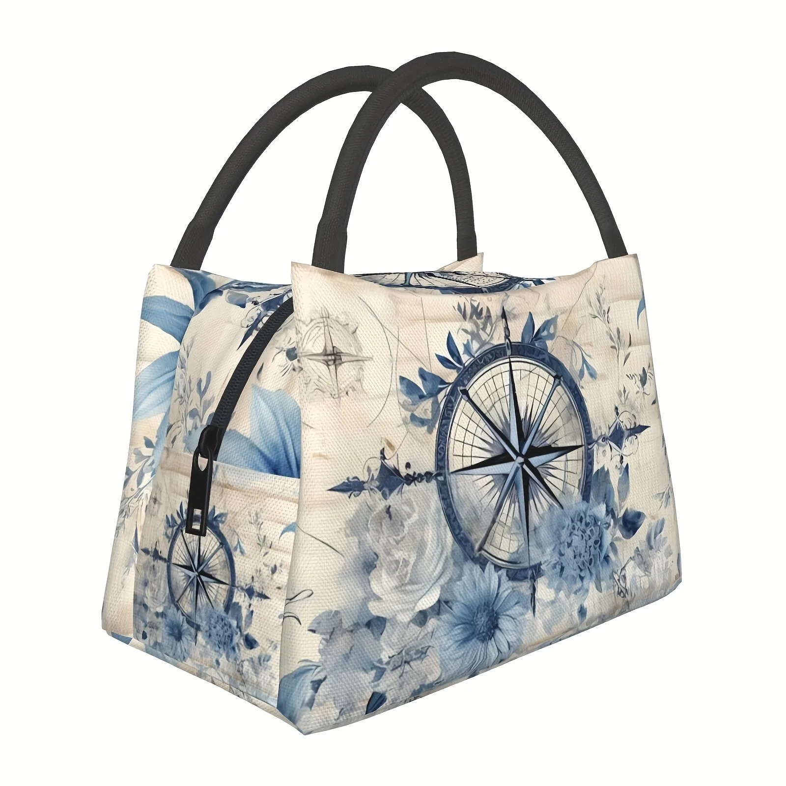 Nautical Compass Floral Print Insulated Cooler Tote Bag Reusable Lunch Bag for Picnic Office Outdoor