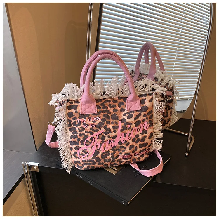 

2025 Leopard Print Tote Bag Stylish Fringe Shoulder Purse for Women Large Capacity Work Bag with Letter Design Fashionable