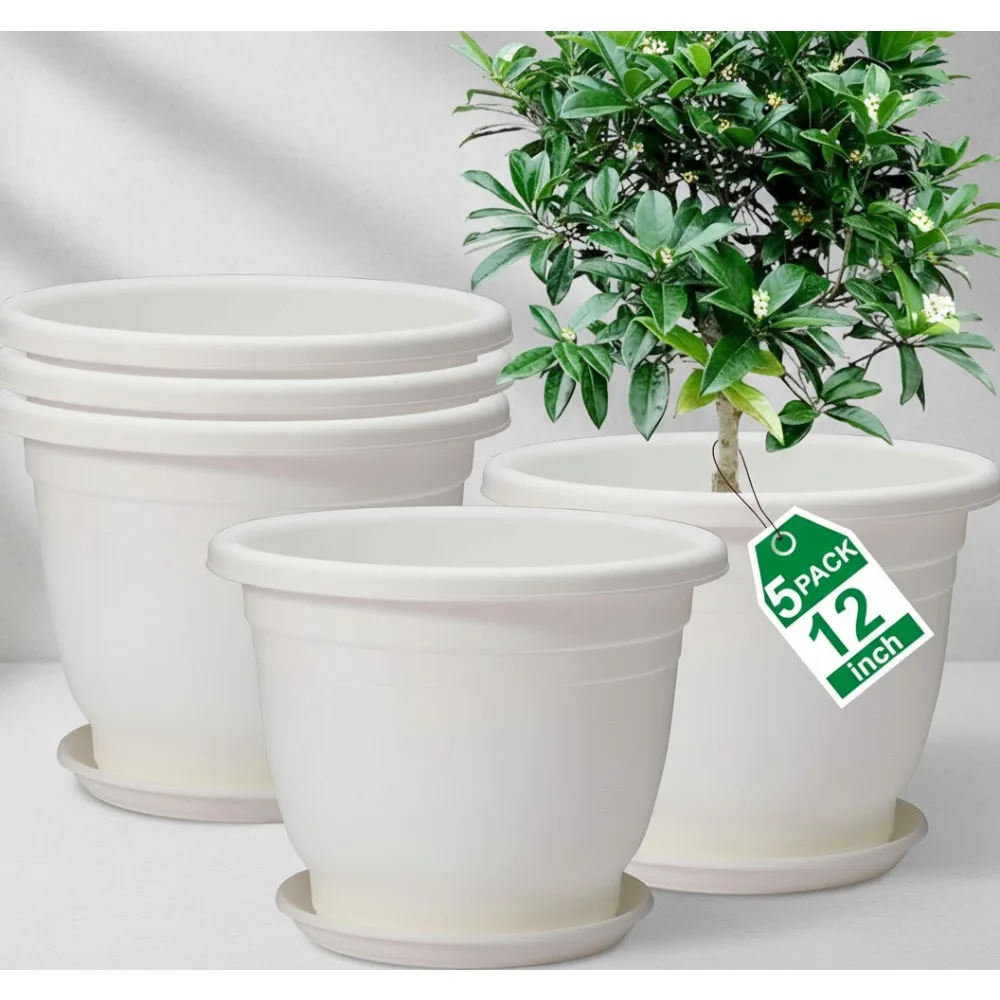 

5 упаковок 12-дюймовых пластиковых цветочных горшков с блюдцами, большие горшки для дренажных отверстий для комнатных и наружных растений