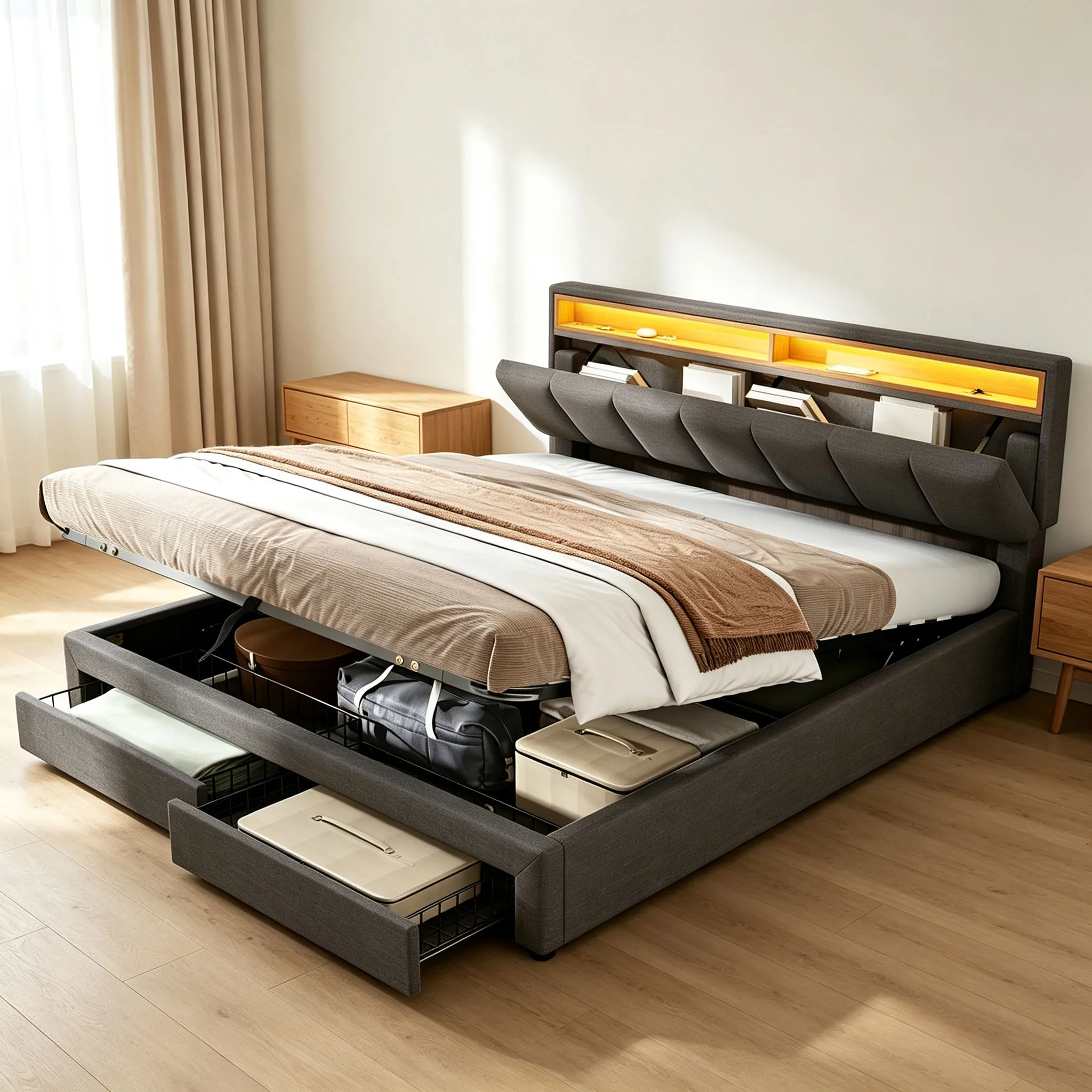 Comanlai, letto matrimoniale imbottito 180x200 cm, struttura letto matrimoniale moderna in lino grigio, letti con ampio spazio contenitivo e meccanismo a gas per sollevare il piano inferiore, cassetti